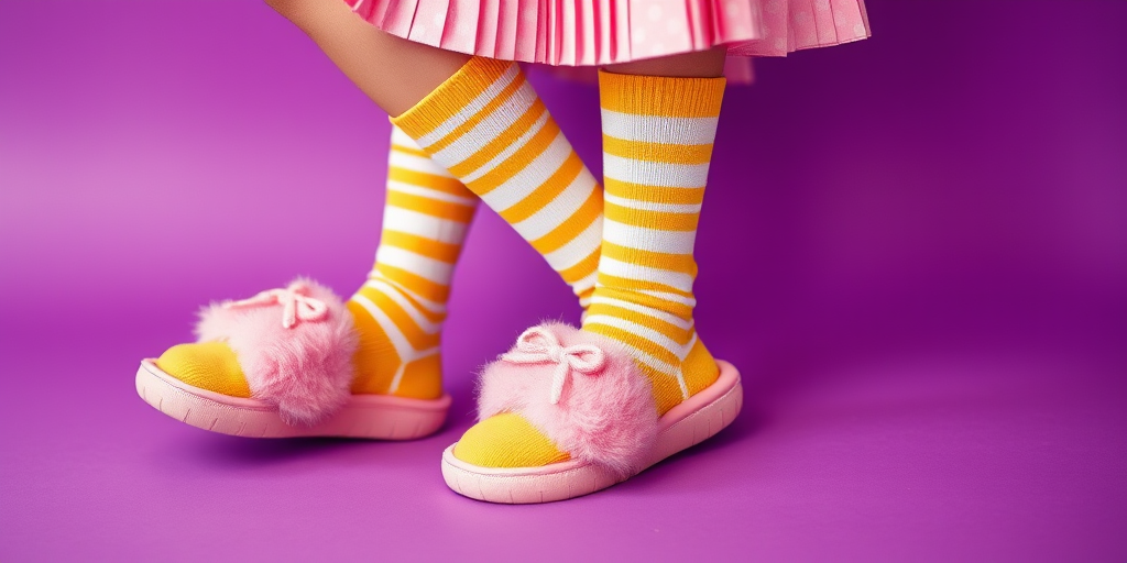 Create an image of a pair of legs wearing striped yellow and white knee-high socks and pink fluffy slippers, with a pastel pink patterned pleated skirt, set against a vibrant purple background, shot with a Canon EOS R5, 50mm lens, f/1.8 aperture, ISO 100, natural light, and a shallow depth of field.