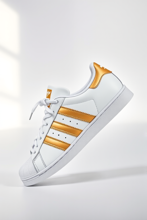 Generate a high-resolution side view image of white Adidas Superstar sneakers with gold accents, using a DSLR camera set to f/2.8 aperture, ISO 100, and a shutter speed of 1/125 sec, in a minimalist studio setting with soft natural lighting.