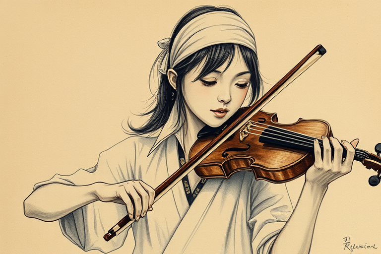 a young Ryukyuan woman with a white headband playing a violin, in the style of a charcoal drawing, sepia grunge background