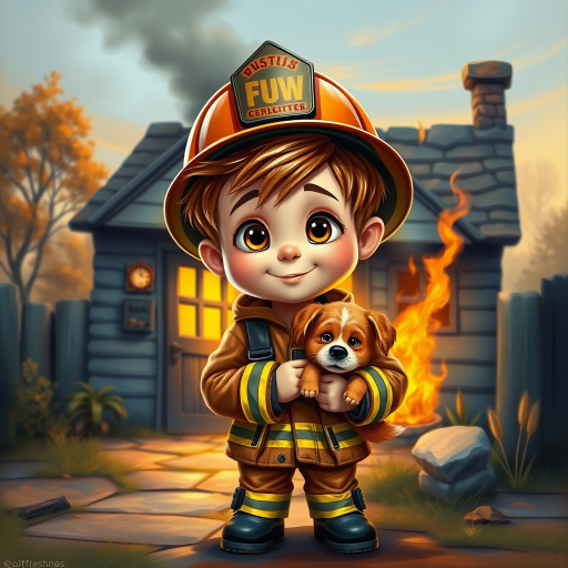 airbrushed oil painting, pixar style, cute little boy in fireman gear, helmet, tousled hair, expressive eyes, standing in the doorstep of a cottage burning behind him, holding a cute little dog in his arm, atumn sky