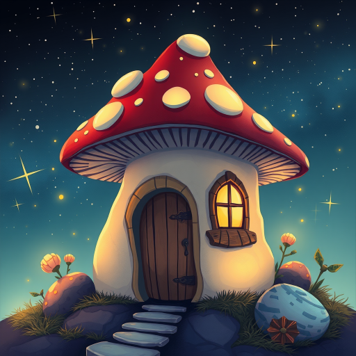 generate illustration of a mushroom house with a door and a window, a storybook , fantasy art, mushroom house, bg starry sky, sparkles