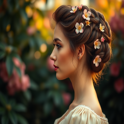 Generate a high-resolution portrait of a woman in profile with soft lighting, intricate hair styling adorned with flowers, a vintage blouse against a blurred botanical background, using a Canon EOS R5 with an 85mm f/1.2 lens at ISO 100, f/1.2 aperture, and a slight vignette effect.