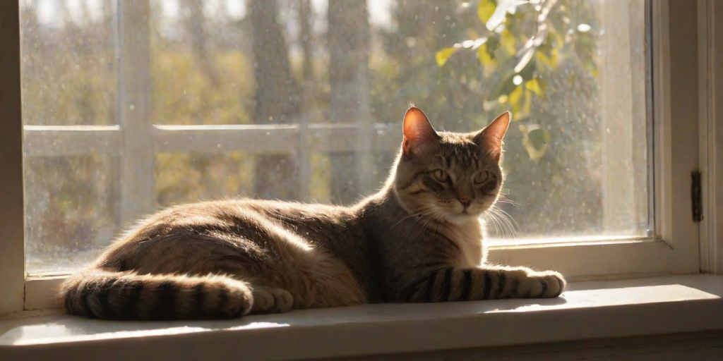 Softly focused photo of a cat lounging on a windowsill, soft sunlight streaming through the window, casting warm shadows on its fur, with the peaceful sound of birds chirping outside.