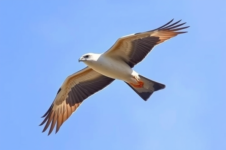 create an illustration of a bird in flight against a clear blue sky, capture with a DSLR camera at 35mm lens, aperture set to f/5.6, ISO 100, shutter speed 1/800s, natural light, high resolution for vivid colors and sharp details.