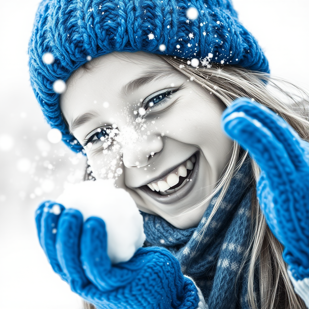 A hyperdetailed photorealistic macro image black and white pencil sketch of a young girl getting hit by a snowball during a snowball fight. She is wearing a brilliant sapphire blue wool beanie and bright blue mittens. She is trying to block the snowball by putting her hands up. The snowball hits her beanie and disintegrates into myriad tiny snowflakes caught with high speed photography. The girl is laughing and having a wonderful time.