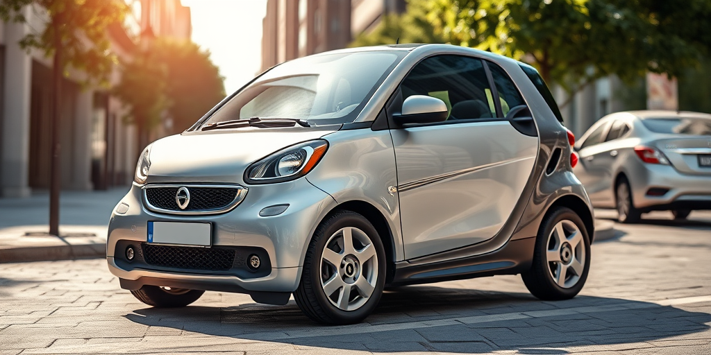 A sleek silver compact car parked in a well-lit urban environment, captured with a DSLR camera at 35mm focal length, aperture f/4.5, ISO 200, shot from a low angle to emphasize the modern design, natural sunlight for enhanced details.