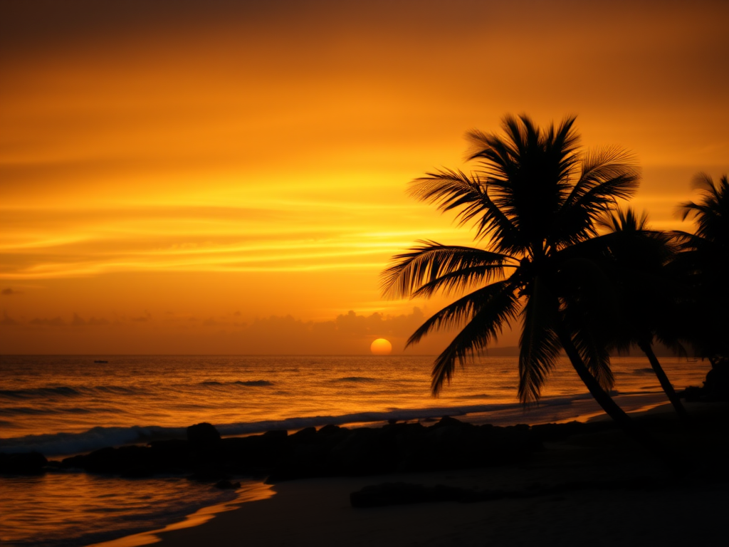 sunset over a tropical beach with a silhouette of a palm tree, vibrant orange and yellow gradient sky, soft focus, f/8 aperture, ISO 100, 50mm lens, landscape orientation, DSLR camera