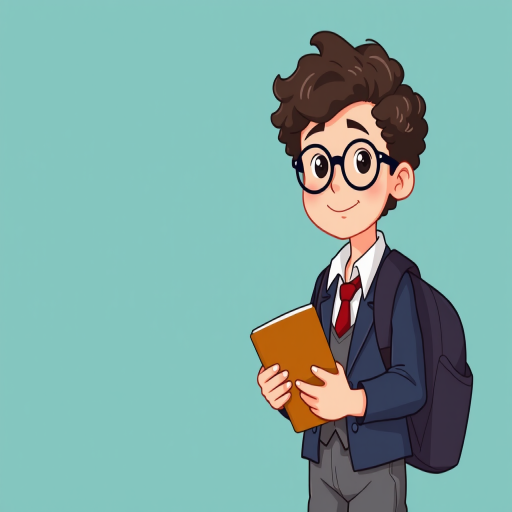Generate an illustration of a young boy with curly hair wearing glasses, holding a book, dressed in a school uniform with a blazer and shorts, a backpack on one shoulder, in a flat design style, with a plain teal background, captured using a digital camera at 50mm, f/2.8 aperture, ISO 100, natural light, and a slight vignette for depth.