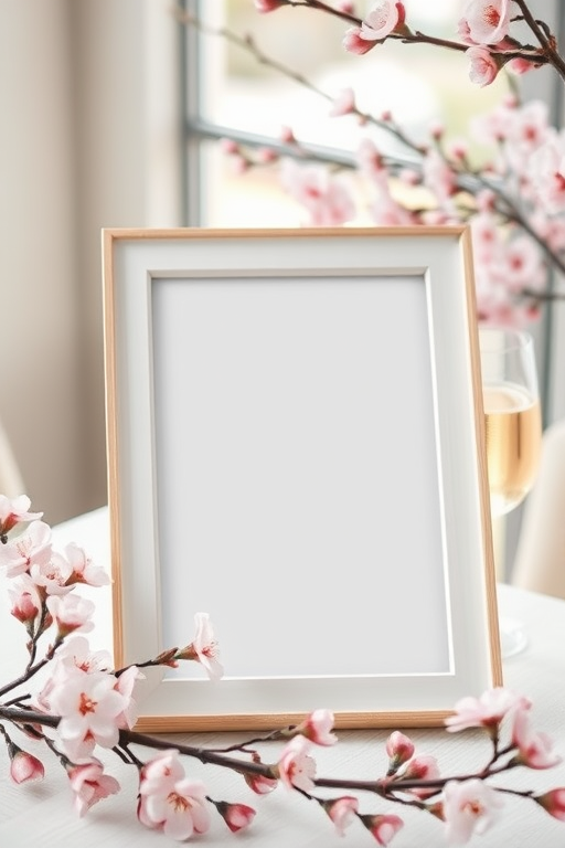 A soft-focus still life of a picture frame with empty space, placed on a light-colored table, surrounded by blooming cherry blossom branches, a glass of sparkling wine, natural light from a window, shallow depth of field, 50mm lens, f/2.8, ISO 100, capture in high-resolution JPEG.