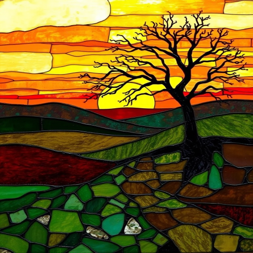 A vibrant abstract painting on Tiffany Glass, blending acrylic and alcohol ink techniques, captures a dramatic sunset over rolling hills. The artwork features a textured, rocky foreground in green and brown, layered abstract hills, and a striking sunset in rich oranges, yellows, and reds. A solitary black tree with intricate branches contrasts against the fiery sky, creating a dynamic and expressive portrayal of a breathtaking natural scene.