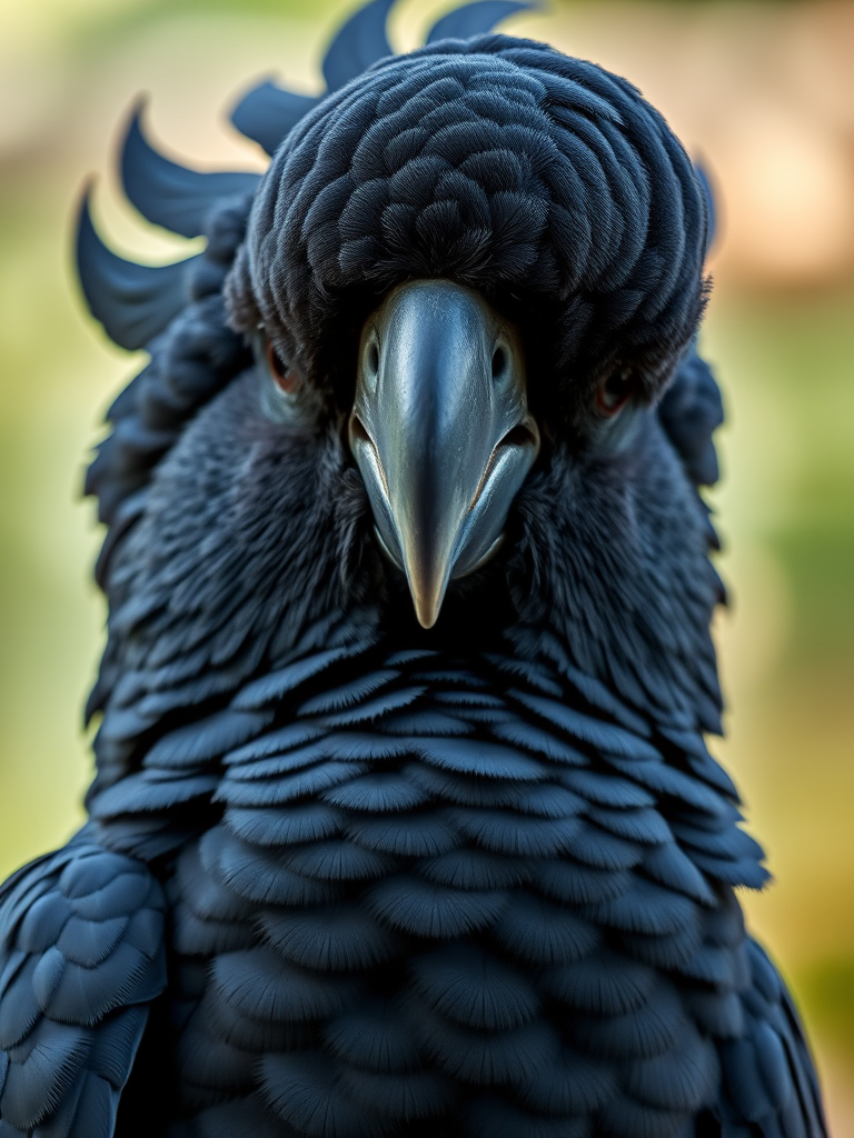 a close-up photograph of a black cockatoo with a detailed, textured feather pattern, captured in natural light, using a Canon EOS R5 with a 100mm f/2.8 macro lens, aperture set to f/4, ISO 200, shutter speed 1/250s, soft focus background for depth, ensuring sharp focus on the bird's face and intricate feathers.
