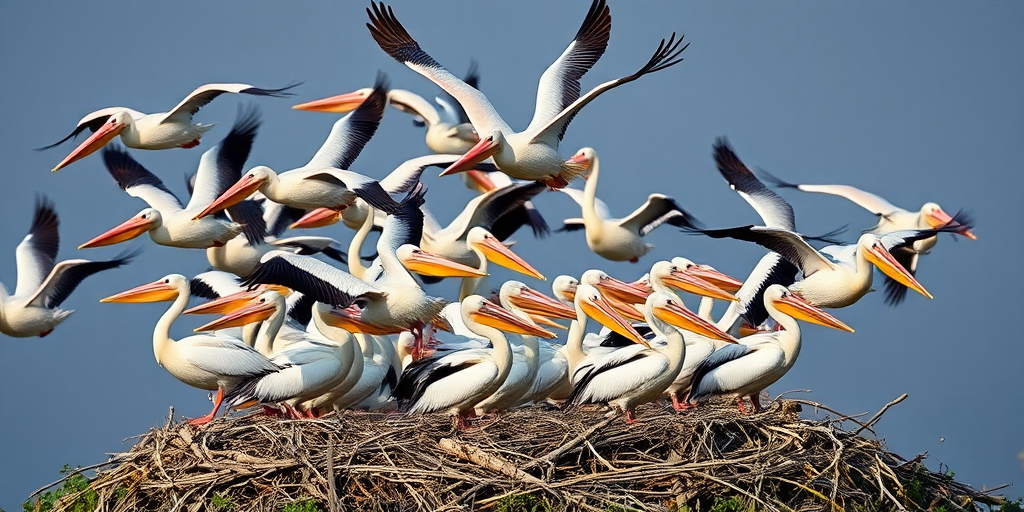 Capture a dynamic scene of pelicans in flight, surrounded by their nesting area, using a Canon EOS 5D Mark IV, f/8 aperture, 1/1000 sec shutter speed, ISO 400, in natural light, with a wide-angle lens at eye level to enhance clarity and detail.