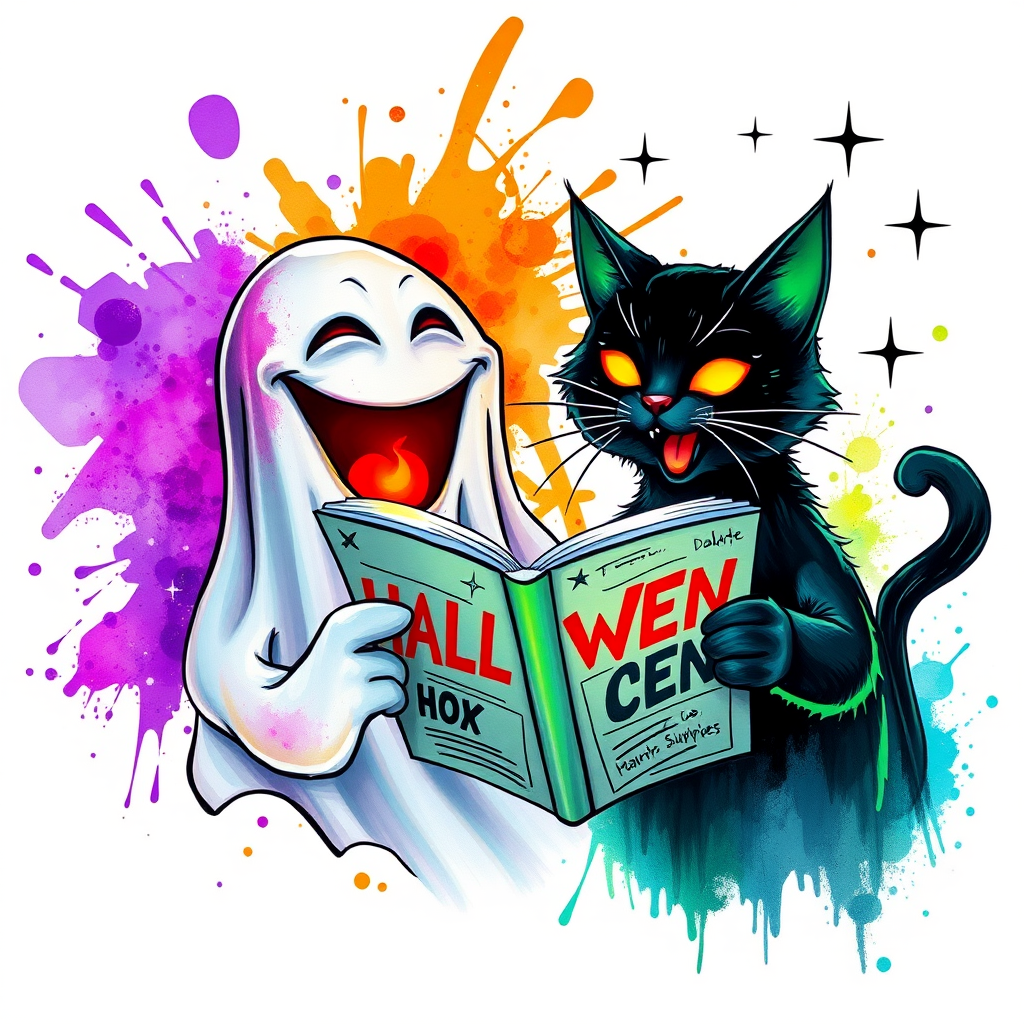 Image of a ghost and a black cat laughing exaggeratedly , and reading a comic halloween comic book, alcohol ink airbrush style, funny halloween theme, white background with neon purple, neon orange, neon green splash, black sparkles stars , dazzling BG