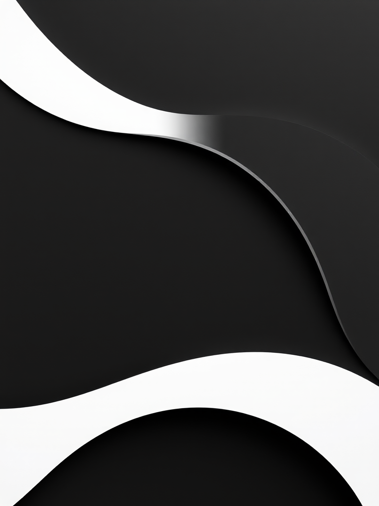 Create a high-resolution image of a minimalist black and white abstract design featuring smooth curves and sharp angles, shot with a DSLR camera at f/8 aperture, ISO 100, 50mm lens, in natural light from the left side, using a top-down view for clarity and detail.