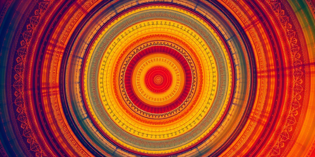 Generate a vibrant abstract pattern of concentric circles with intricate colors and a smooth gradient using a high-resolution digital camera at ISO 100, f/8 aperture, 1/200 shutter speed, wide-angle lens, and top-down view for enhanced detail and clarity.