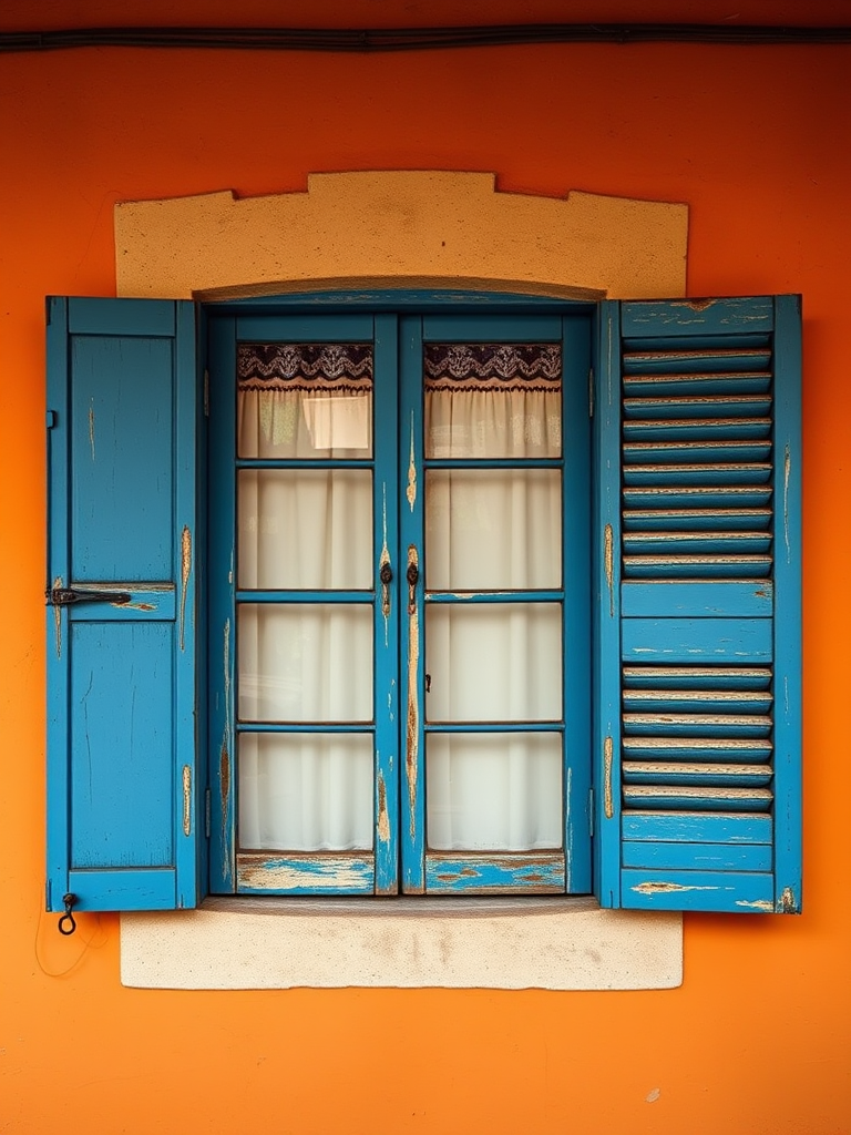 regenerate a photo of a vintage window with blue wooden shutters on an orange wall, captured with a DSLR camera, 50mm lens, aperture f/2.8, ISO 100, natural lighting, eye-level angle, high resolution