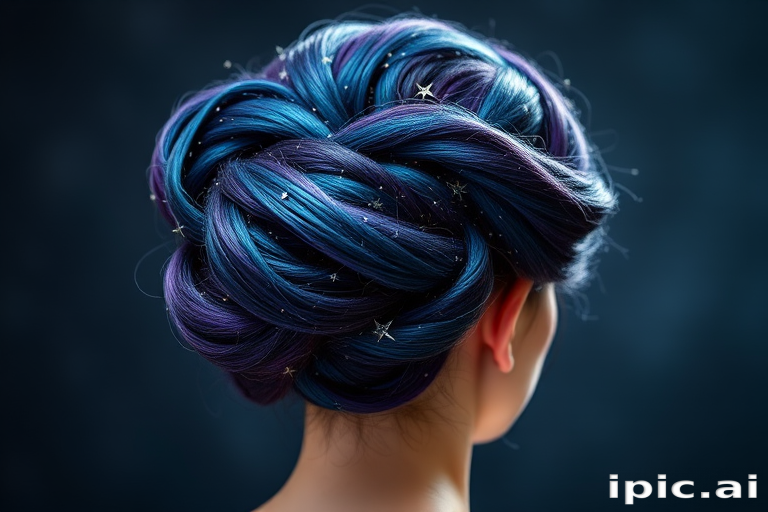 Celestial Galaxy Updo featuring a mesmerizing swirl of deep indigo purple and teal shades intermixed with shimmering silver star-like accents in an elaborate twisted bun