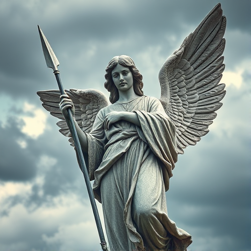 Capture a high-resolution image of a detailed angel statue with flowing robes, holding a spear, set against a dramatic, cloudy sky, using a DSLR camera with a 50mm lens, aperture set to f/2.8, ISO 100, and a shutter speed of 1/200s to enhance texture and contrast.