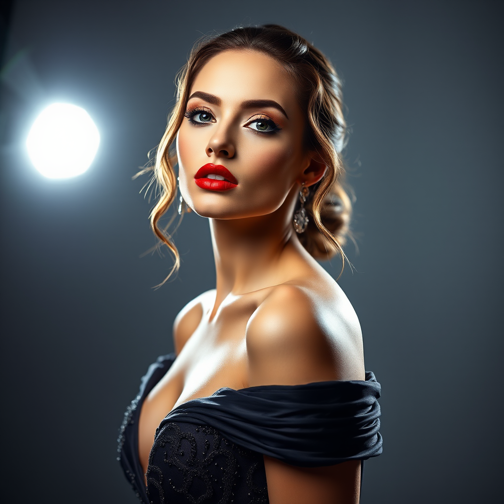 Studio portrait, female model, elegant couture dress, bold makeup, dramatic lighting, Utilize a 50mm portrait lens for crisp details and a soft background blur, 8k
