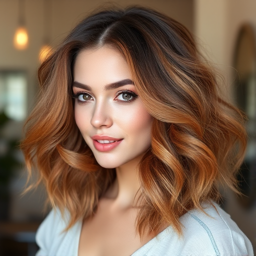 Alluring caramel-haired temptress with a voluminous, bouncy blowout featuring soft layers and face-framing highlights