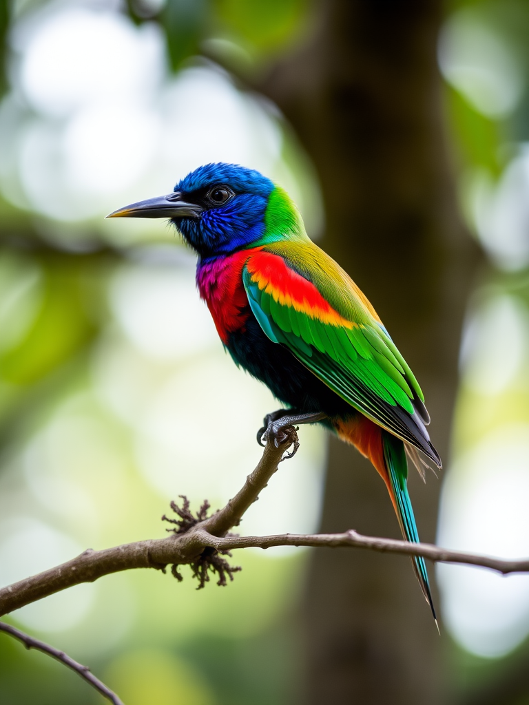 capture a vibrant bird perched on a branch in a natural setting with a shallow depth of field, 85mm lens, f/2.8 aperture, ISO 200, 1/200 sec shutter speed, soft natural lighting, using a DSLR camera