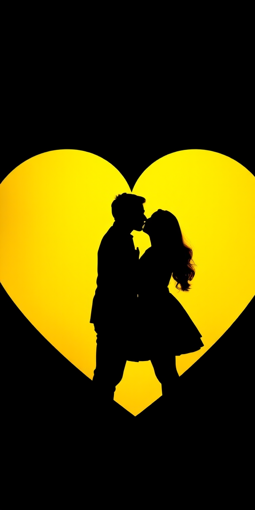 Create a romantic silhouette of a couple kissing inside a large yellow heart on a black background with smooth curves, soft focus, 50mm lens, f/1.8 aperture, ISO 200, shallow depth of field, portrait orientation, high-resolution digital camera.