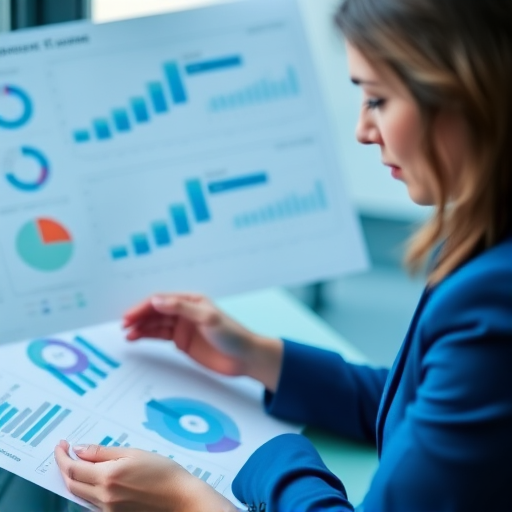 Create a high-resolution image of a businesswoman analyzing charts and graphs, with a blue color scheme, focus on a target symbol overlay, using a Canon EOS R5 camera, 50mm lens, aperture f/1.8, ISO 200, shot in natural light, shallow depth of field.