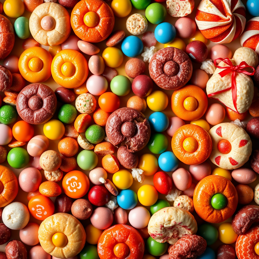 Create a vibrant flat lay of assorted colorful candies and desserts with detailed textures, full frame, high dynamic range, using a Canon EOS R5, 50mm f/1.2 lens, ISO 200, aperture f/8, and a shutter speed of 1/125s, studio lighting for enhanced colors and shadows.