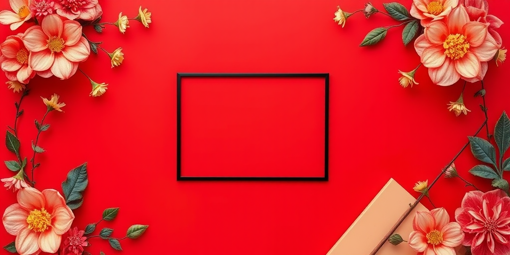 Create an artistic composition featuring a vibrant red background with floral decorations, an empty black rectangular frame in the center, and stylized geometric shapes, shot with a DSLR camera at f/2.8 aperture, ISO 100, using a macro lens to enhance detail and color saturation, in a portrait orientation.