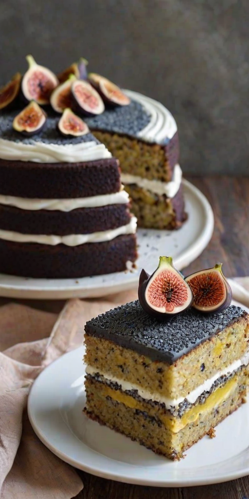 Generate an image of a layered cake with poppy seeds and a bright yellow filling. The cake is topped with a creamy white frosting and garnished with small figs. The cake should be sliced to reveal its layers, showcasing the contrast between the poppy seeds and the filling.
