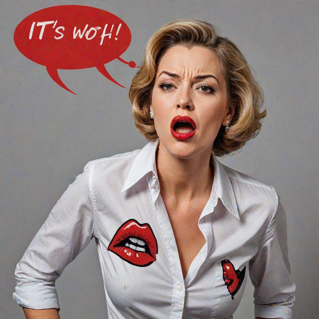 A pop art piece of a very angry wife discovering a lipstick stain on a man's dress shirt. Make the print on his collar. Put a word balloon above the wife's head that says 'It's not my SHADE Bob!!!'