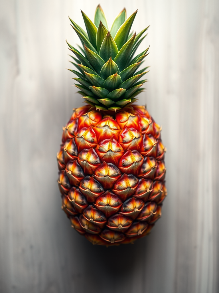 Create an illustration of a pineapple with vibrant colors, using a DSLR camera with a 50mm lens at f/2.8, 1/125s shutter speed, and ISO 100, in a top-down view with a soft focus background for enhanced image quality.