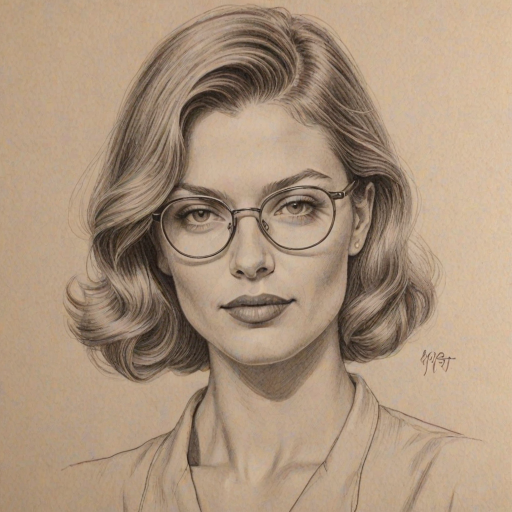 Magnificent Ivana Milicevic, pencil sketch, portrait of Bewitching woman 1948s in glasses, hair style beatnik, outline, clear lines, fine lines, 8k