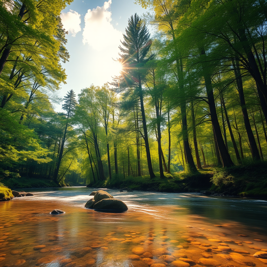 Create an image of a serene, sunlit forest scene with a clear, gently flowing river. Tall trees with lush green foliage line both sides of the river, their leaves bathed in the warm golden light of the setting or rising sun. The sunlight filters through the trees, casting soft, dappled light on the river, which flows over smooth rocks and pebbles, creating a peaceful, natural atmosphere. The sky is bright with a few scattered clouds, and the overall mood is tranquil, evoking a deep sense of connection with nature. The image captures the beauty of a calm, pristine forest landscape at either dawn or dusk.