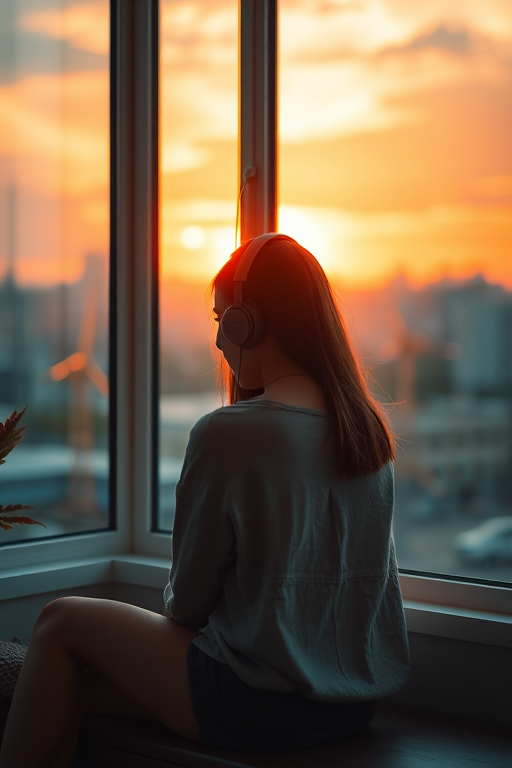 Generate an image of a girl sitting by a window at sunset, wearing headphones, with a cozy room backdrop, capturing warm lighting and city skyline, using a Canon EOS R5, 50mm f/1.2 lens, aperture f/1.8, ISO 100, 1/60 sec, in a soft focus style for enhanced depth and vibrant colors.