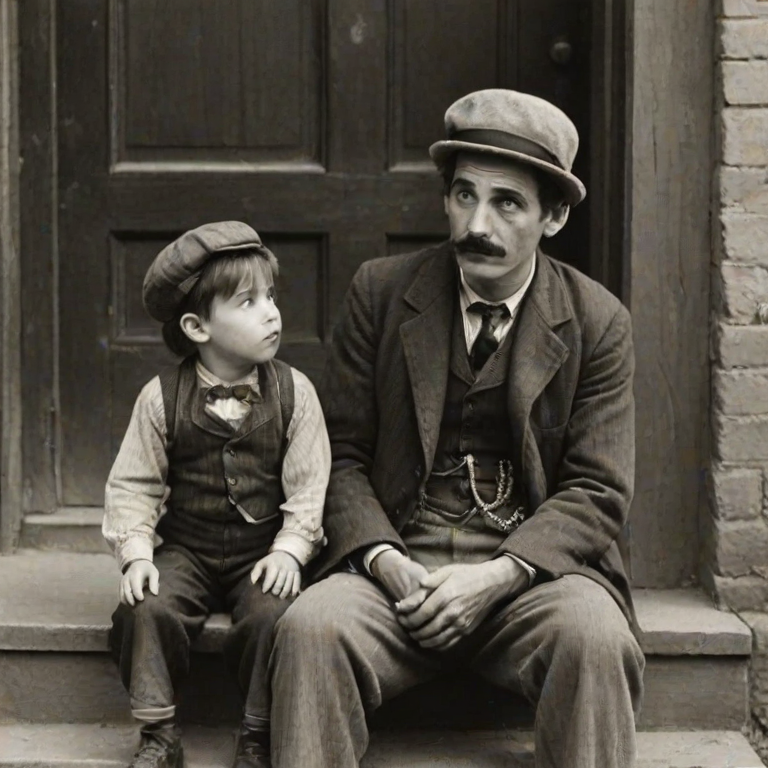 A black-and-white photograph of a man and a child sitting on steps in front of a doorway. The man is dressed as a tramp with a bowler hat, mustache, and ragged clothes, reminiscent of Charlie Chaplin's iconic look. He is sitting with his arms crossed and an expression of slight sadness or frustration. Next to him is a young boy, also in worn clothes and a cap, sitting with his hands clasped, looking thoughtful. The background is an old, textured wall and a partially open door, creating a vintage, early 20th-century atmosphere.