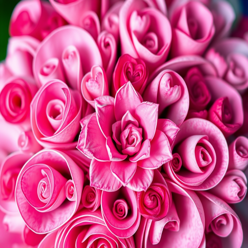 Create a vibrant and intricate floral design featuring swirls and hearts in various shades of pink, captured with a DSLR camera using a 50mm lens at f/1.8, ISO 100, in a macro view for enhanced detail and clarity.