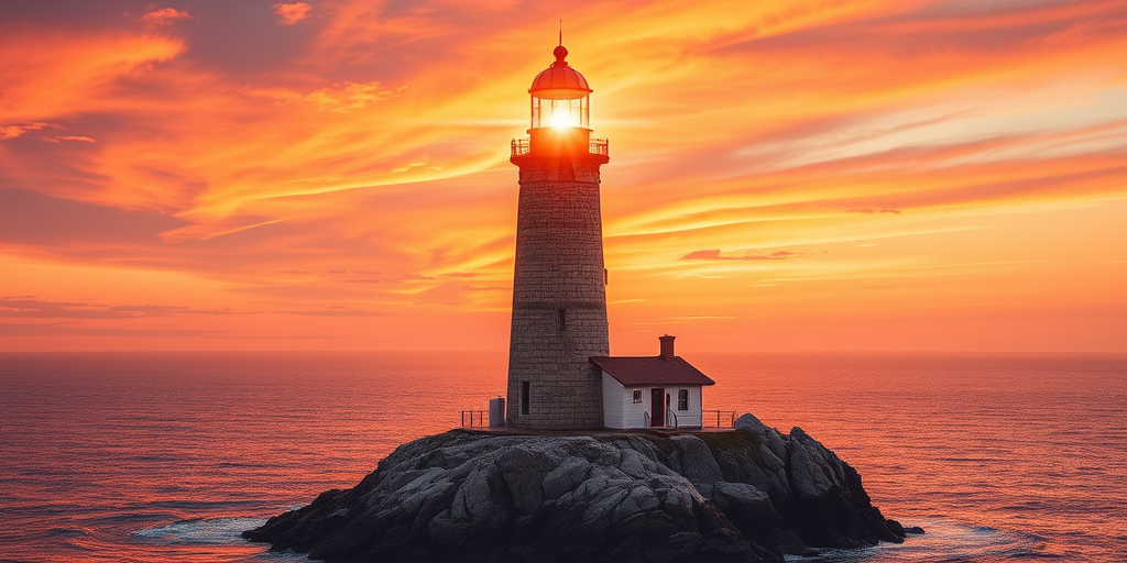 Generate an image of a tall lighthouse perched on a rocky outcrop surrounded by calm ocean waters during a breathtaking sunset. The lighthouse stands sturdy and weathered, its stone surface illuminated by the warm golden light of the setting sun. The sun's rays pass directly through the glass lantern room at the top of the lighthouse, casting a brilliant light across the scene. The sky is painted with vibrant shades of orange, pink, and purple, reflecting off the tranquil sea. The surrounding water shimmers with the same warm hues, creating a serene and majestic atmosphere.