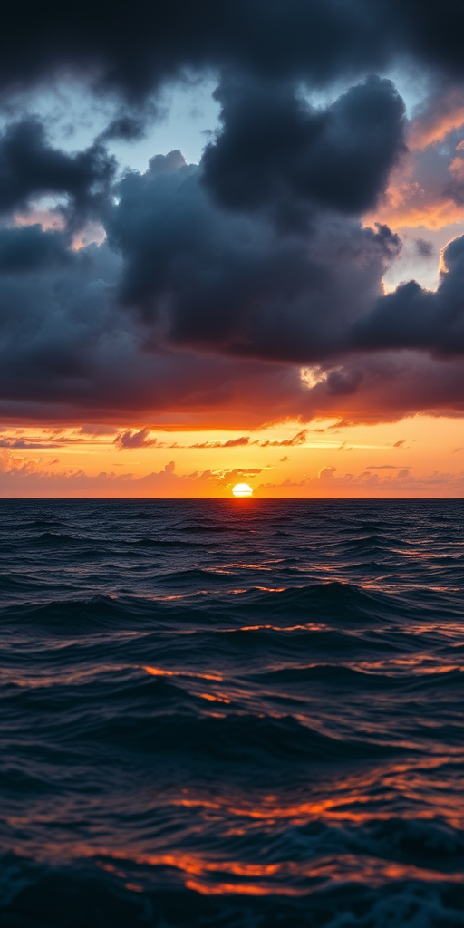 Capture a dramatic seascape at sunset with dark storm clouds on the horizon, use a wide-angle lens at f/8 for sharp depth of field, ISO 200 for low noise, shoot at 1/125 sec to freeze motion, use a tripod for stability, and set white balance to cloudy for warm tones.