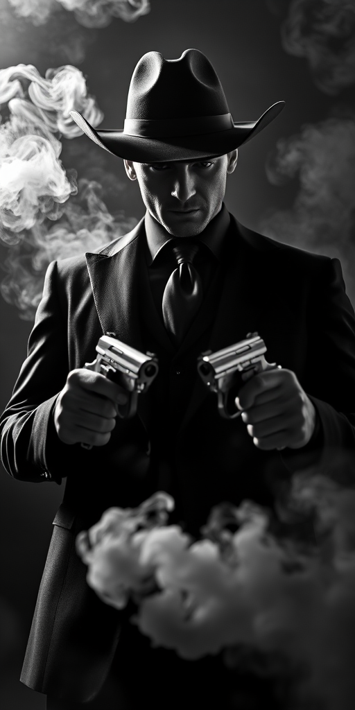 A mysterious figure in a stylish black suit and cowboy hat, holding two revolvers, smoke swirling around, dramatic lighting, high contrast, taken with a full-frame DSLR camera at f/2.8, ISO 100, shutter speed 1/200s, 50mm lens, cinematic style, low angle view, black and white.