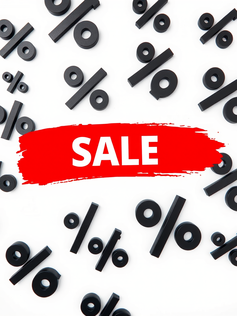 Create a vibrant sale promotional image featuring large black percentage symbols scattered on a white background with a bold red brush-stroke rectangle in the center that reads SALE in white text, captured with a Canon EOS R5, 50mm lens, f/8 aperture, ISO 100, natural lighting, top-down view.