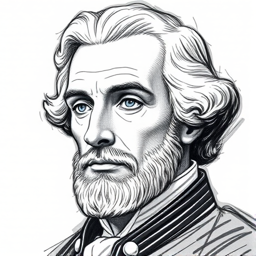 Create a high-resolution artistic illustration of a historical figure with a textured sketch effect, captured in portrait orientation using a DSLR camera, 85mm lens, aperture f/1.8, ISO 100, and a soft focus background to enhance depth and detail.