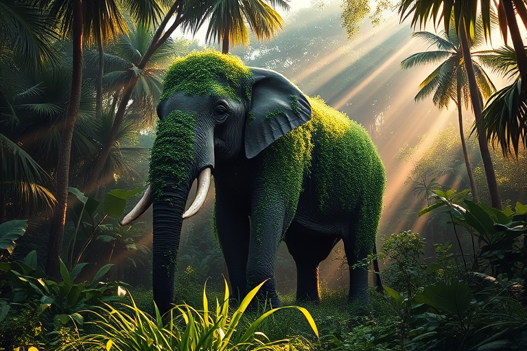 Regenerate an image of a giant elephant covered in lush greenery standing in a dense jungle, with sunlight filtering through the trees creating a mystical atmosphere, use a high-resolution DSLR camera, set ISO to 200, aperture at f/4, shutter speed 1/125s, with a wide-angle lens for an immersive view.