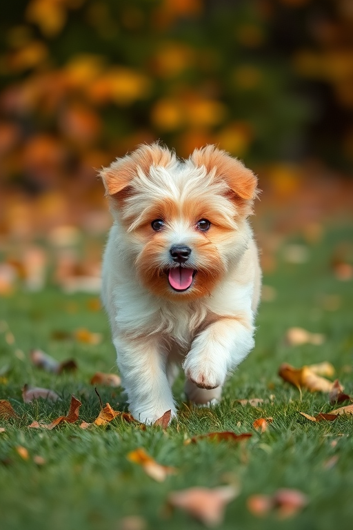 fluffy dog running on grass with fallen leaves around, vibrant colors, soft focus, captured with a Canon EOS 5D Mark IV, 50mm lens, aperture f/2.8, shutter speed 1/500s, ISO 400, natural light, shallow depth of field, eye level camera angle