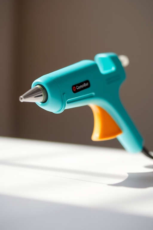 macro shot of a turquoise hot glue gun on a white background, f-stop 2.8, ISO 100, 50mm lens, natural lighting, DSLR camera