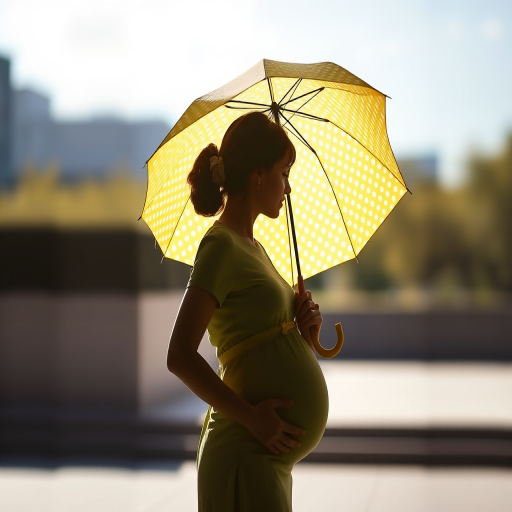 Create a silhouette of a pregnant woman holding a yellow polka dot umbrella, featuring a soft focus background, shot with a DSLR camera at f/4 aperture, 50mm lens, ISO 200, in natural light to enhance image quality.