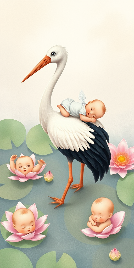 Create a whimsical illustration of a stork carrying a baby on its back, surrounded by lily pads with cherubic infants, soft pastel colors, gentle texture, high-resolution digital art, camera settings: f/8 aperture, ISO 100, 24mm lens, top-down view, soft focus effect to enhance charm and warmth.