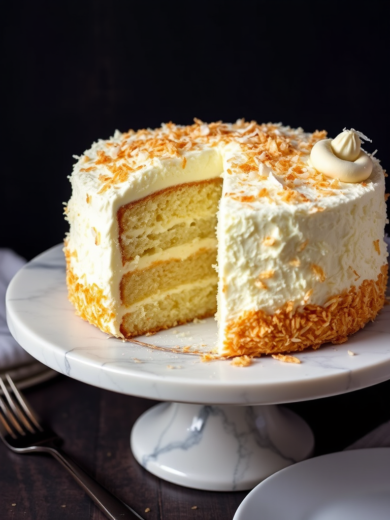 A beautifully decorated coconut cake on a marble cake stand with a slice cut out revealing the layers inside the cake topped with toasted coconut flakes set against a dark background with a fork and plate beside it.