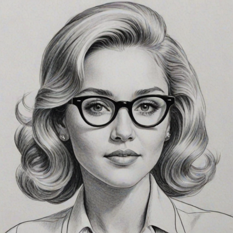 Wonderful Amanda Bynes, pencil sketch, portrait of Splendid woman 1950s in glasses, hair style beatnik, outline, clear lines, fine lines, 8k