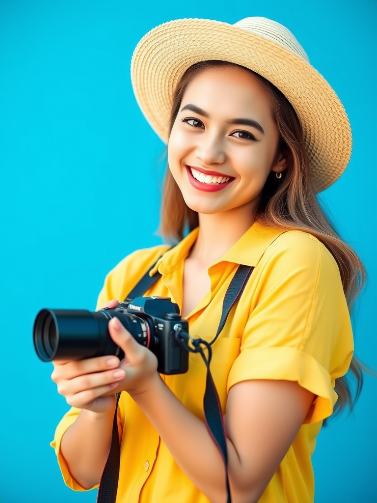 portrait of a smiling young woman holding a camera, wearing a straw hat and yellow shirt, vibrant blue backdrop, natural lighting, 50mm lens, f/1.8 aperture, ISO 100, soft focus, shallow depth of field, taken with a mirrorless camera